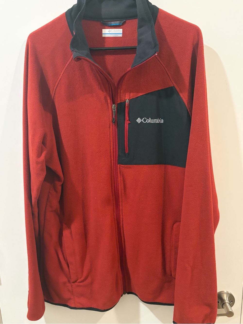 Columbia Red Fleece Jacket with Black Chest Panel